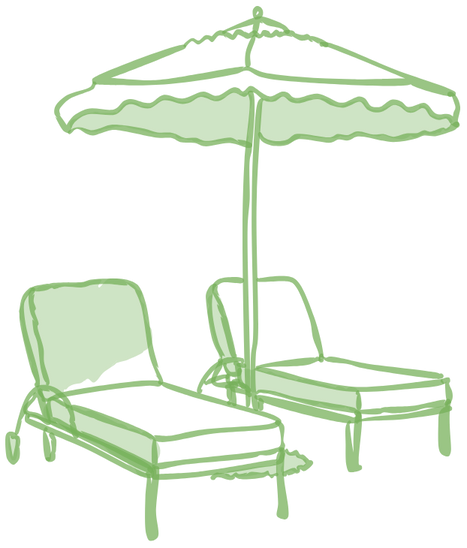 Line drawing of two lounge chairs with a large umbrella in between, set outdoors.