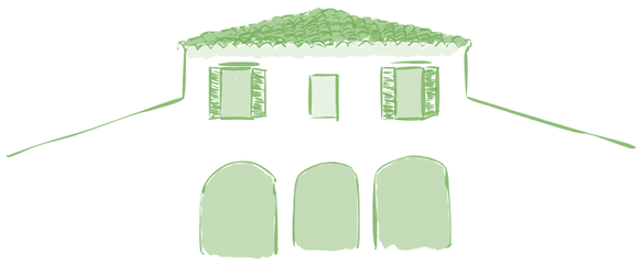 Line drawing of a house with a sloped roof and three windows.