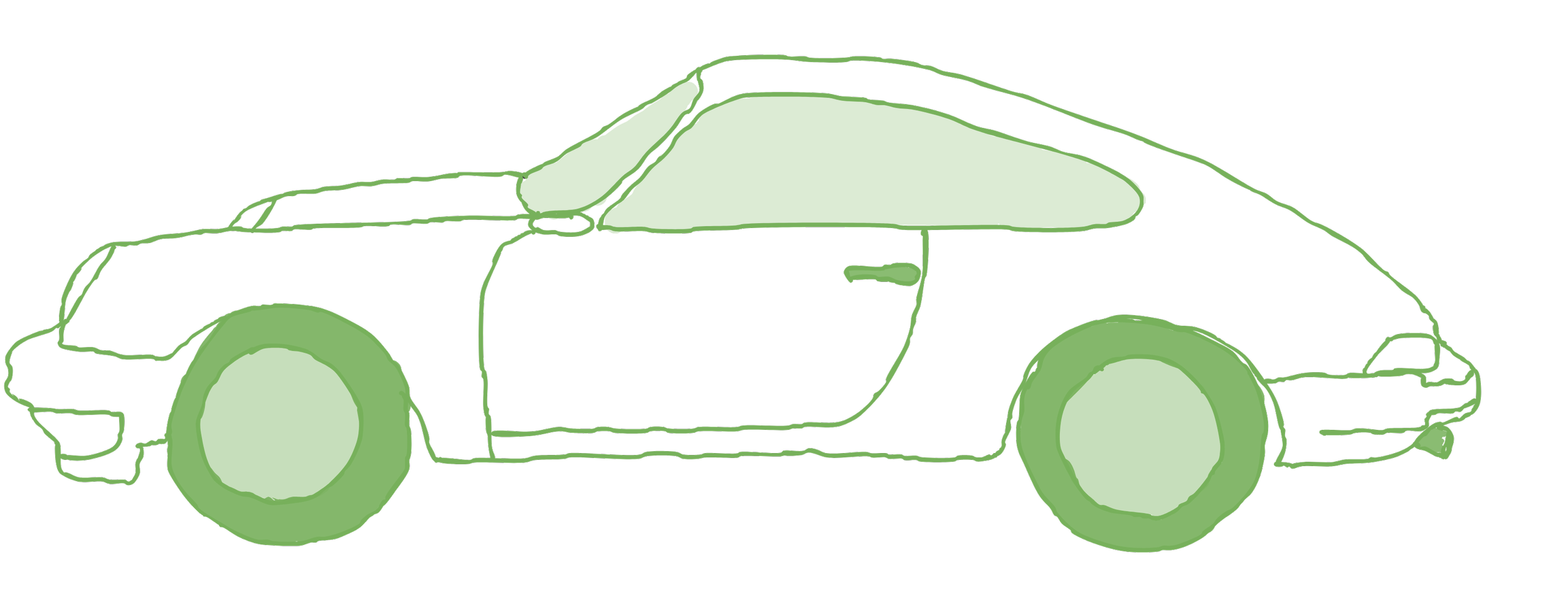 Line drawing of a sports car with green highlights