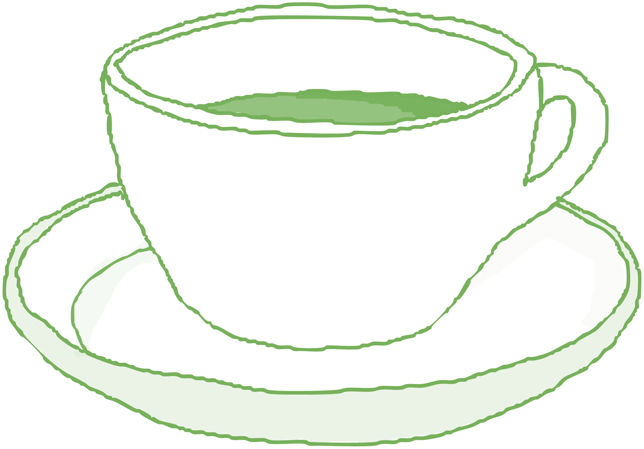 Outline drawing of a green cup filled with a beverage, placed on a matching saucer.