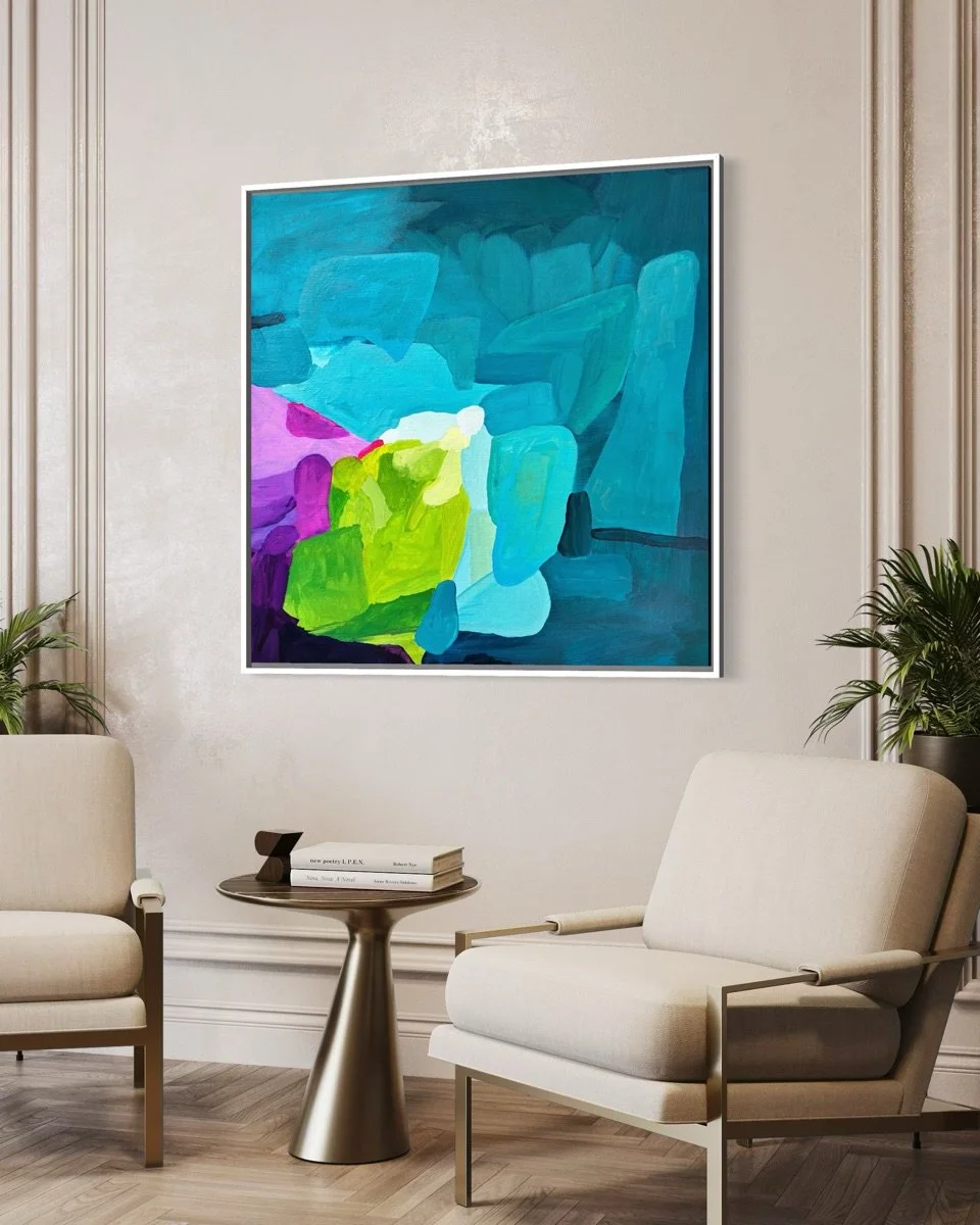 Contemporary artwork by Birgit Trofer, styled in a contemporary and elegant living room contrasting the quiet luxury ambience with vibrant colors.