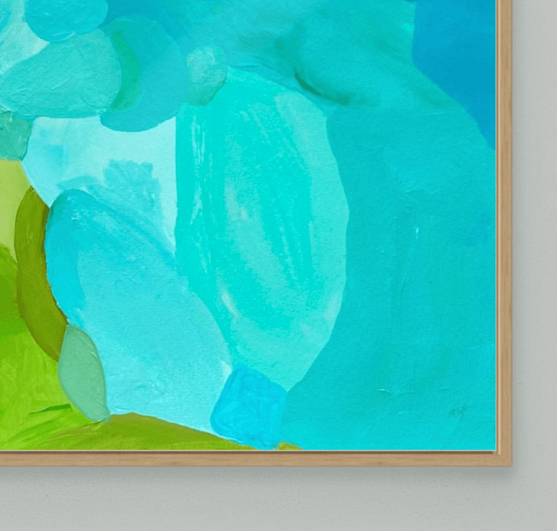 Macro view of fine art edition Shoreline Clarity by Austrian artist Birgit Trofer, showing the rich color depth and the elegant shadow gap of the natural oak frame.