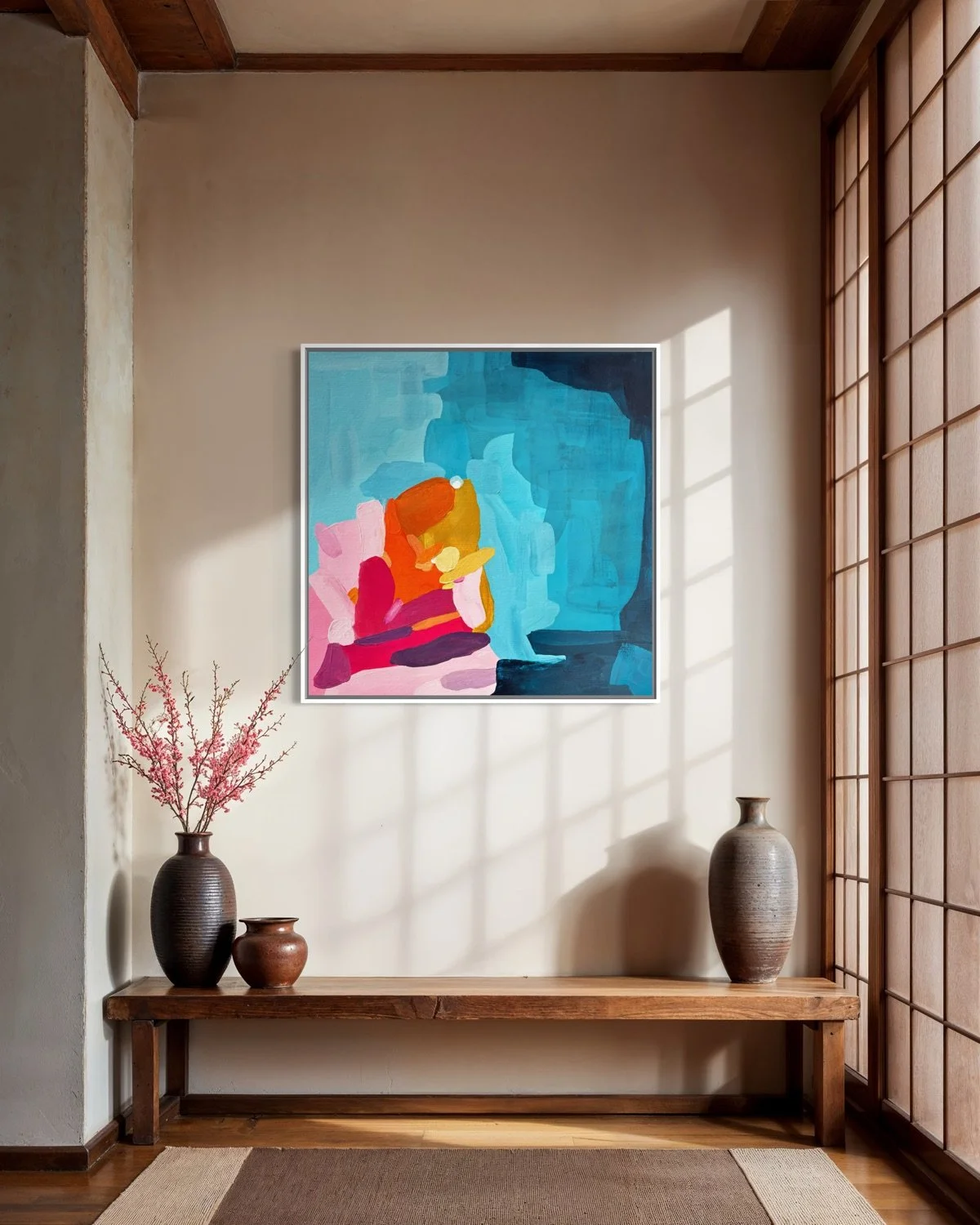 Bright fine art canvas print Sun-drenched Ambition by Birgit Trofer hanging in a minimalist hallway captured in beautiful, warm natural sunlight.