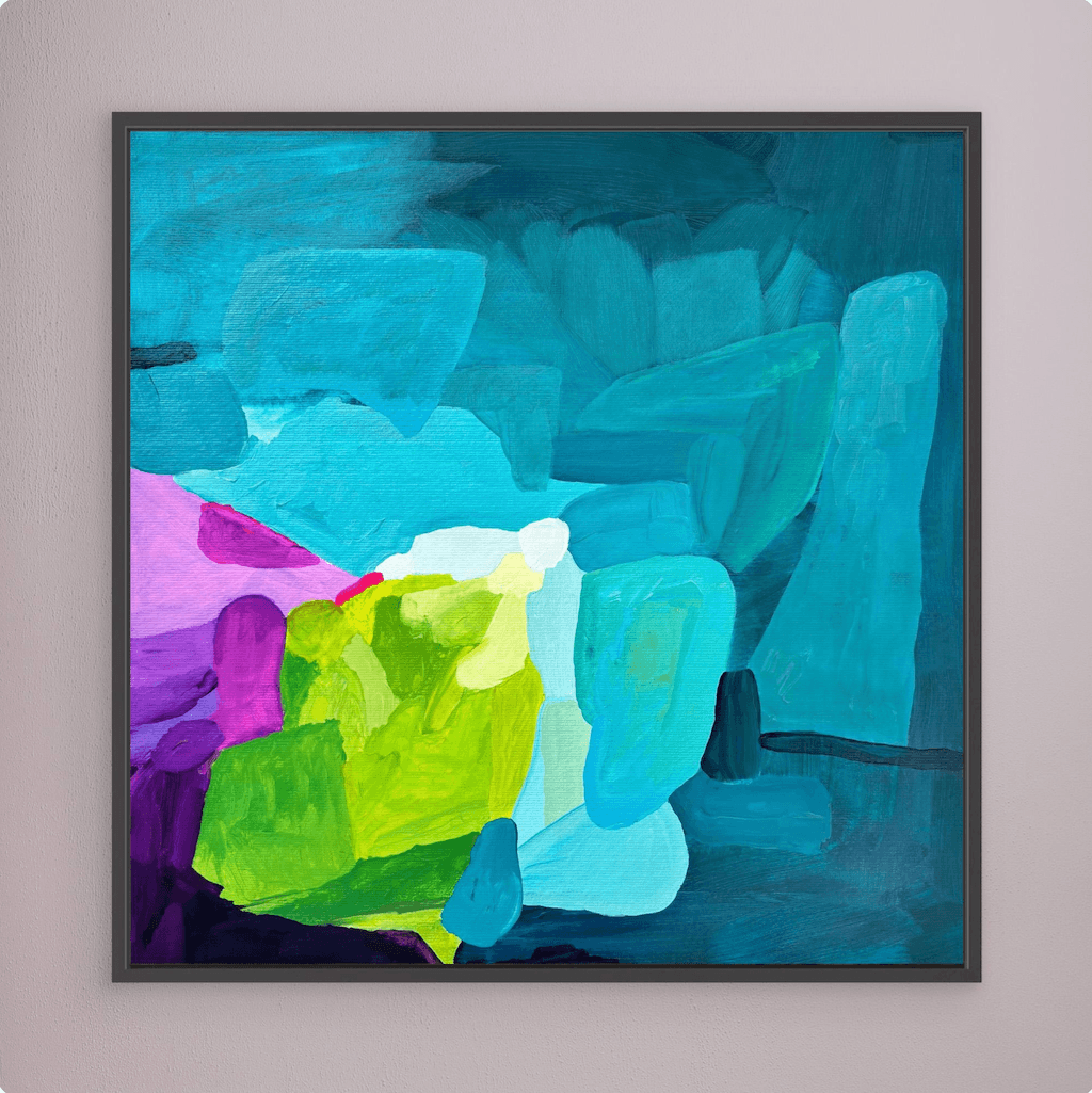 Premium fine art canvas print Deep Swell by Austrian artist Birgit Trofer, featuring intense blue, turquoise, and contrasting warm violet shades in a sophisticated black floating frame.
