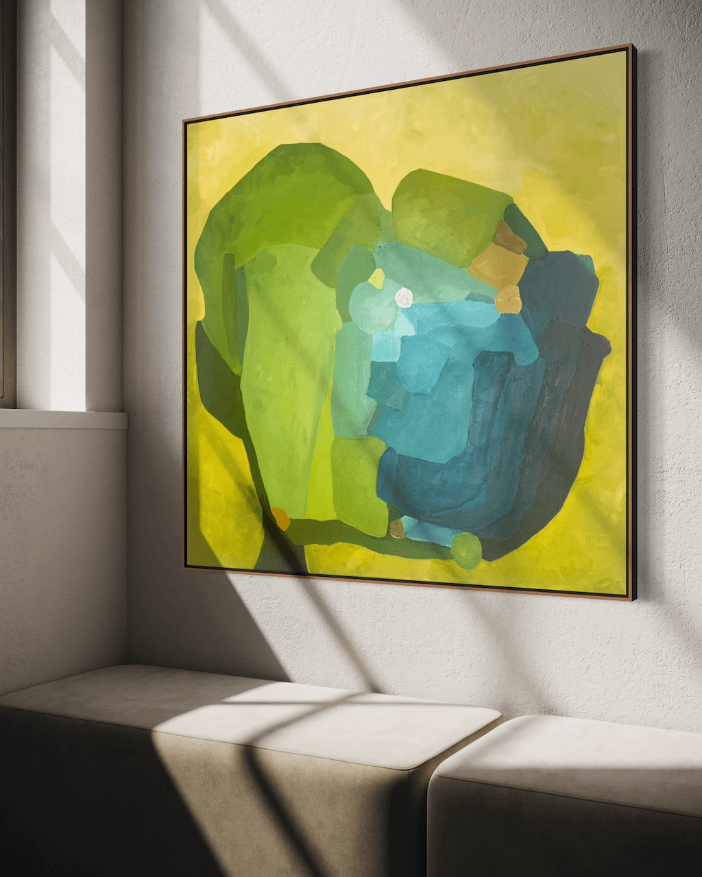 Aligned Perspectives, original abstract painting by Birgit Trofer, mounted on a contemporary light wall beside a window, sunlight coming into the room.