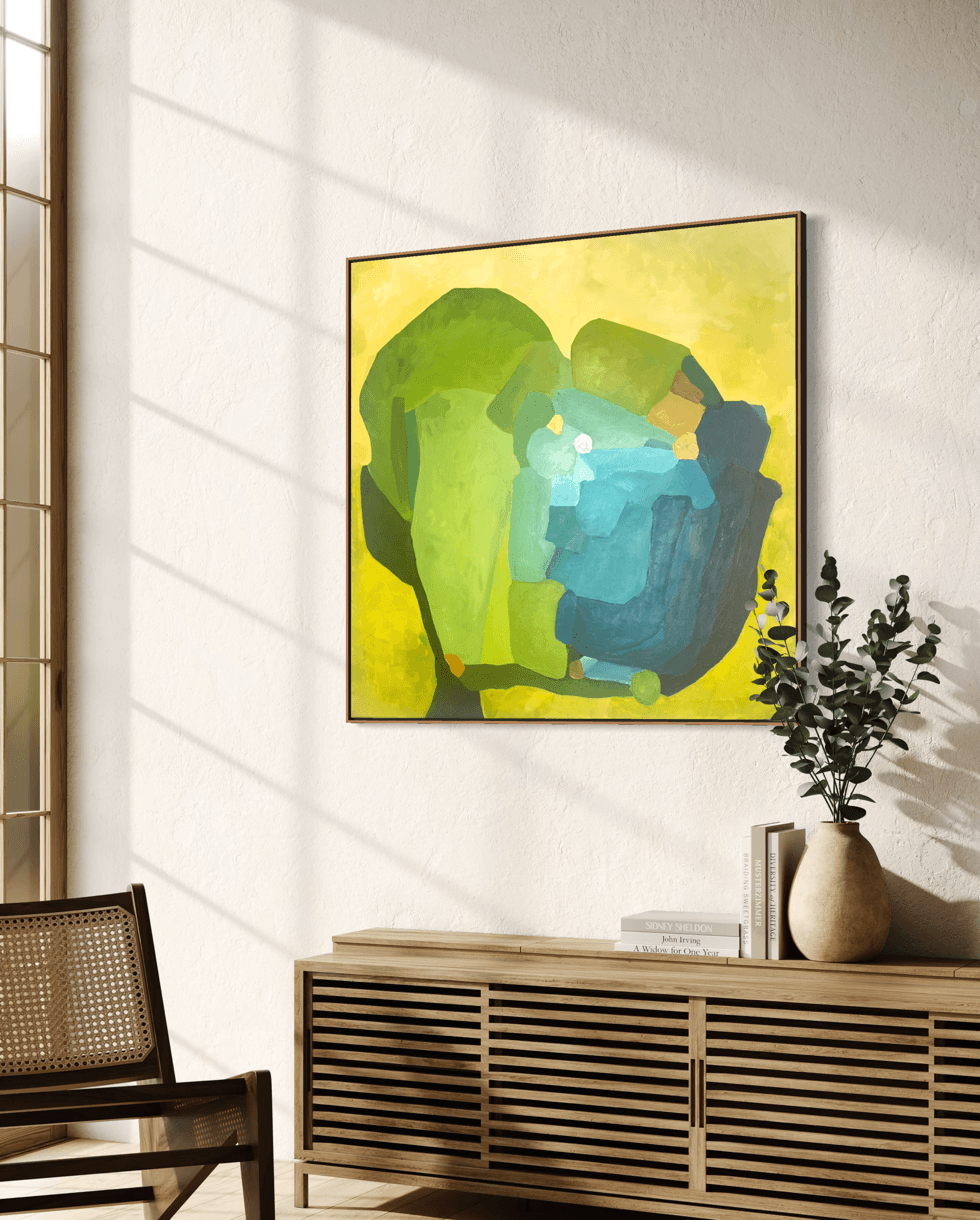 Aligned Perspectives, original abstract painting by Birgit Trofer, mounted on a light wall of a contemporary living room.