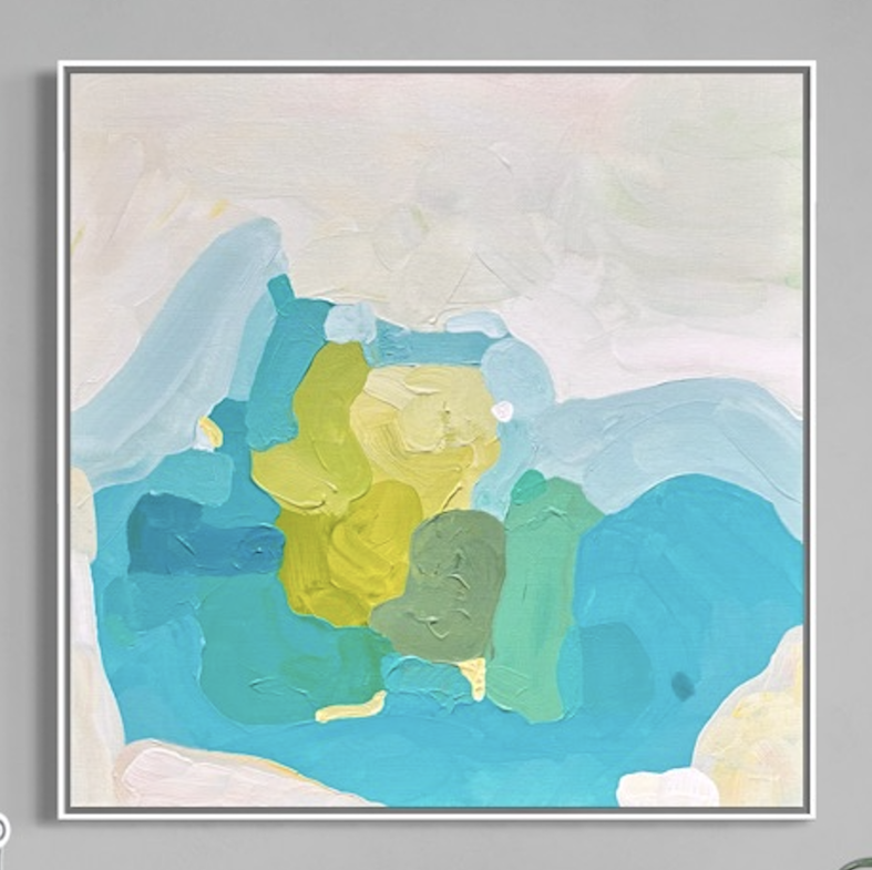 Fine Art Print Ocean Retreat von Birgit Trofer. Close-up des maritimen Kunstdrucks in Museumsqualität, schwebend im modernen weißen Schattenfugenrahmen an einer grauen Wand.