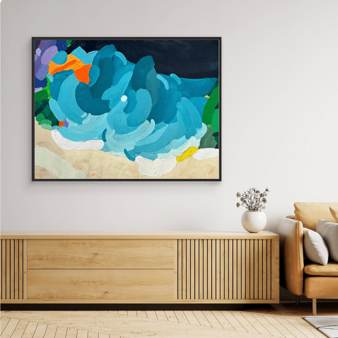 Quiet luxury home decor featuring the modern art print Tidal Shift by Birgit Trofer in a black frame, beautifully placed in a bright, neutral-toned interior.