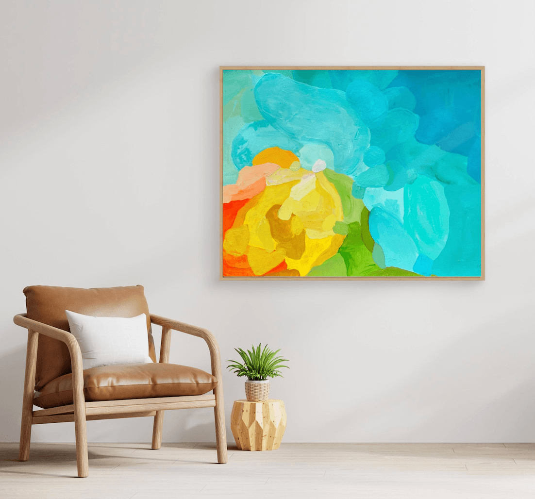 Upscale corporate interior design featuring the ocean-inspired art print Shoreline Clarity by Birgit Trofer in a natural oak wood frame.