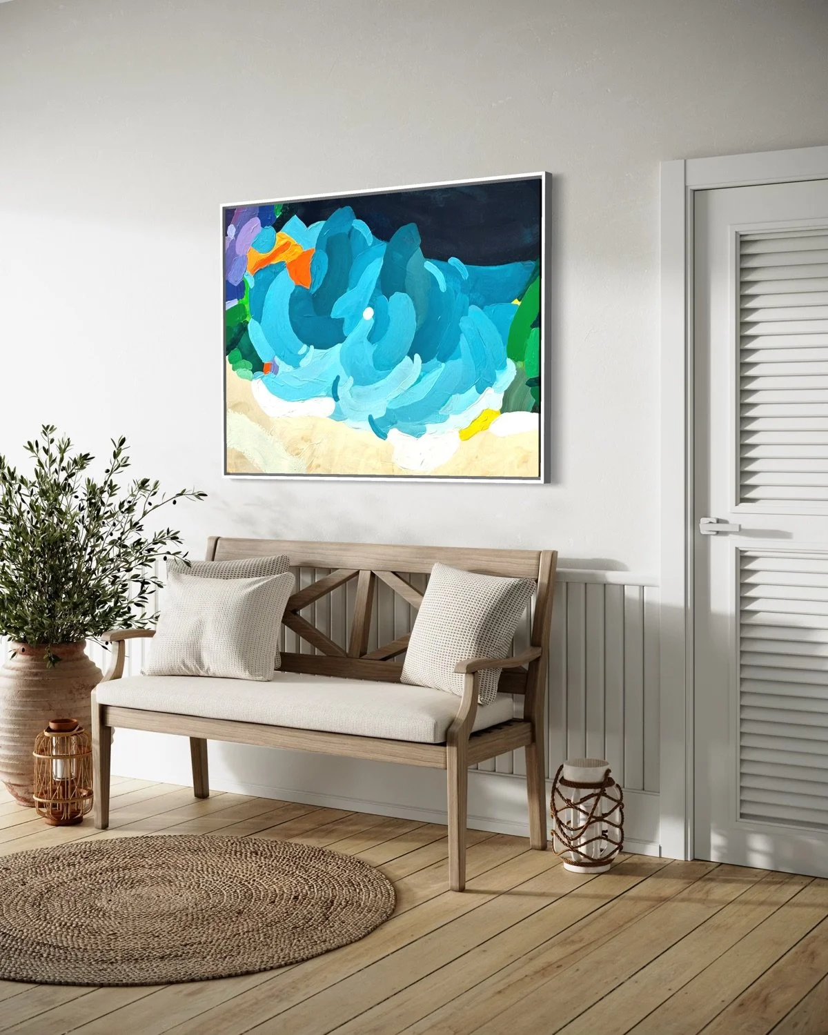 Abstract wall art Tidal Shift by Birgit Trofer, side view. Large painting hanging above a stylish bench, surrounded by green Mediterranean plants.