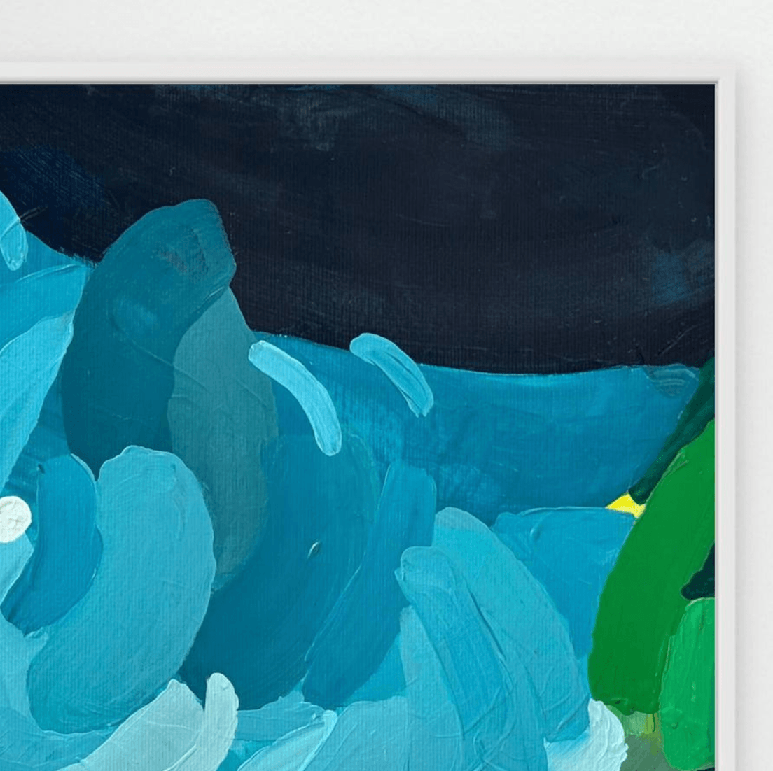 Close-up detail of the abstract print Tidal Shift by Birgit Trofer, highlighting the professional print quality and the crisp white floating frame.