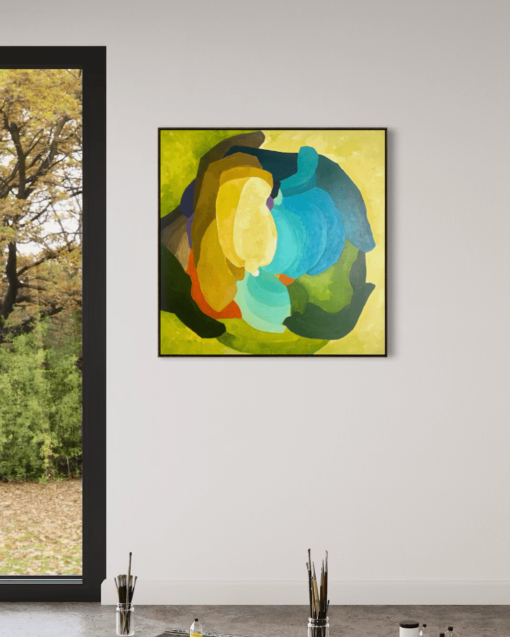 Centered Blooming - original abstract artwork by Birgit Trofer, mounted on the studio wall.