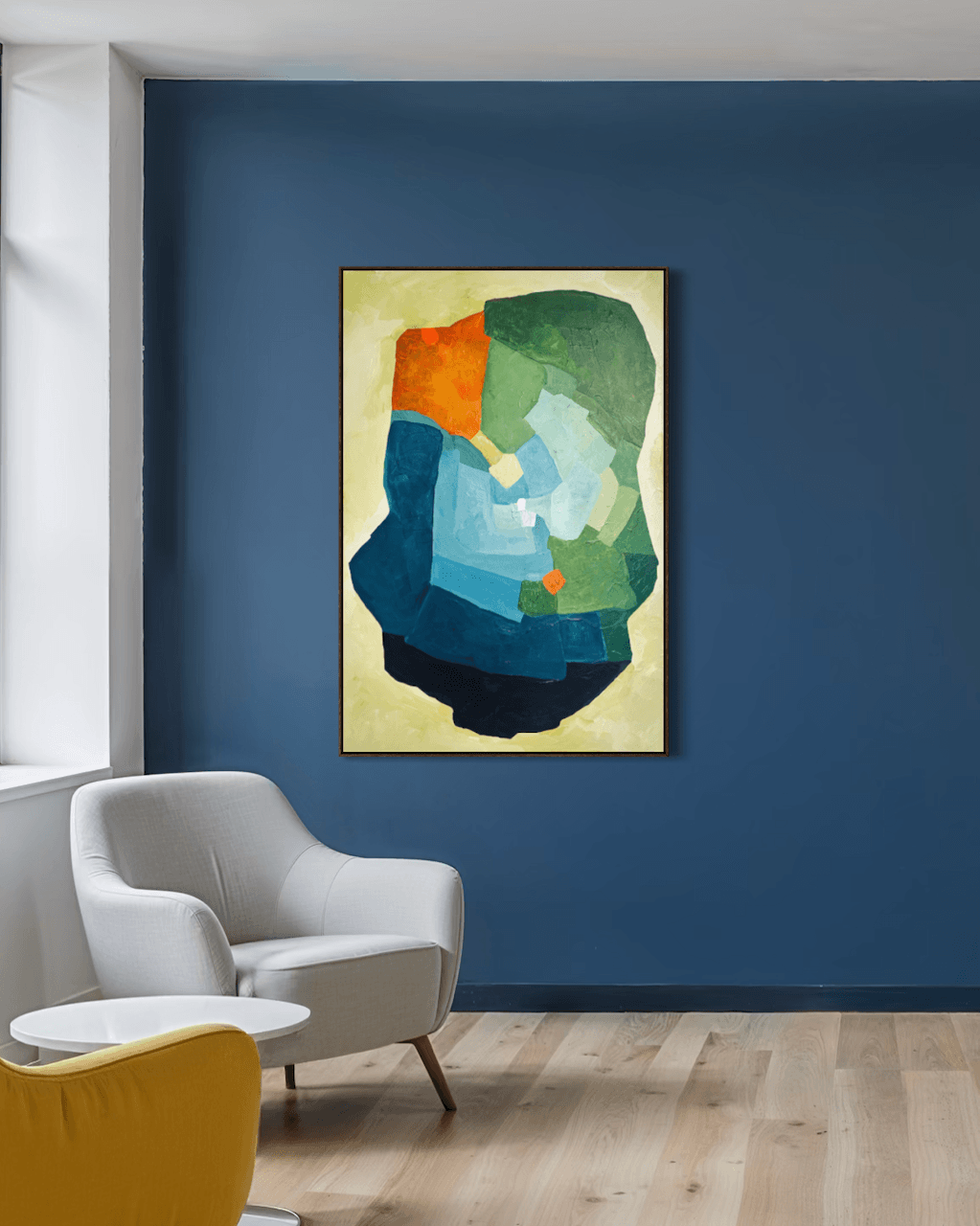 Balancing Friction – original, abstract artwork by Birgit Trofer, a painting from the collection „Lifescapes“ – inner landscapes. Contemporary artwork exploring the dynamic tension in blue, green and vibrant orange accents, mounted on a royal blue wa