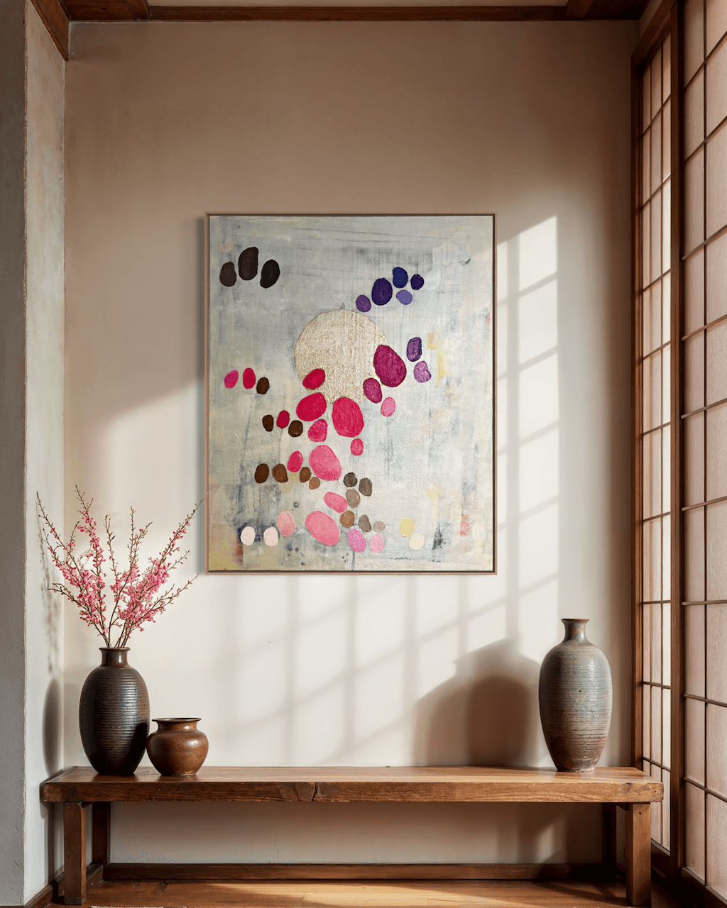 Graceful Dance, an original abstract artwork by Birgit Trofer adressing lightness in life, mounted in a contemporary entrance hall of a house, surrounded by vases, flowers and daylight shining through the door.
