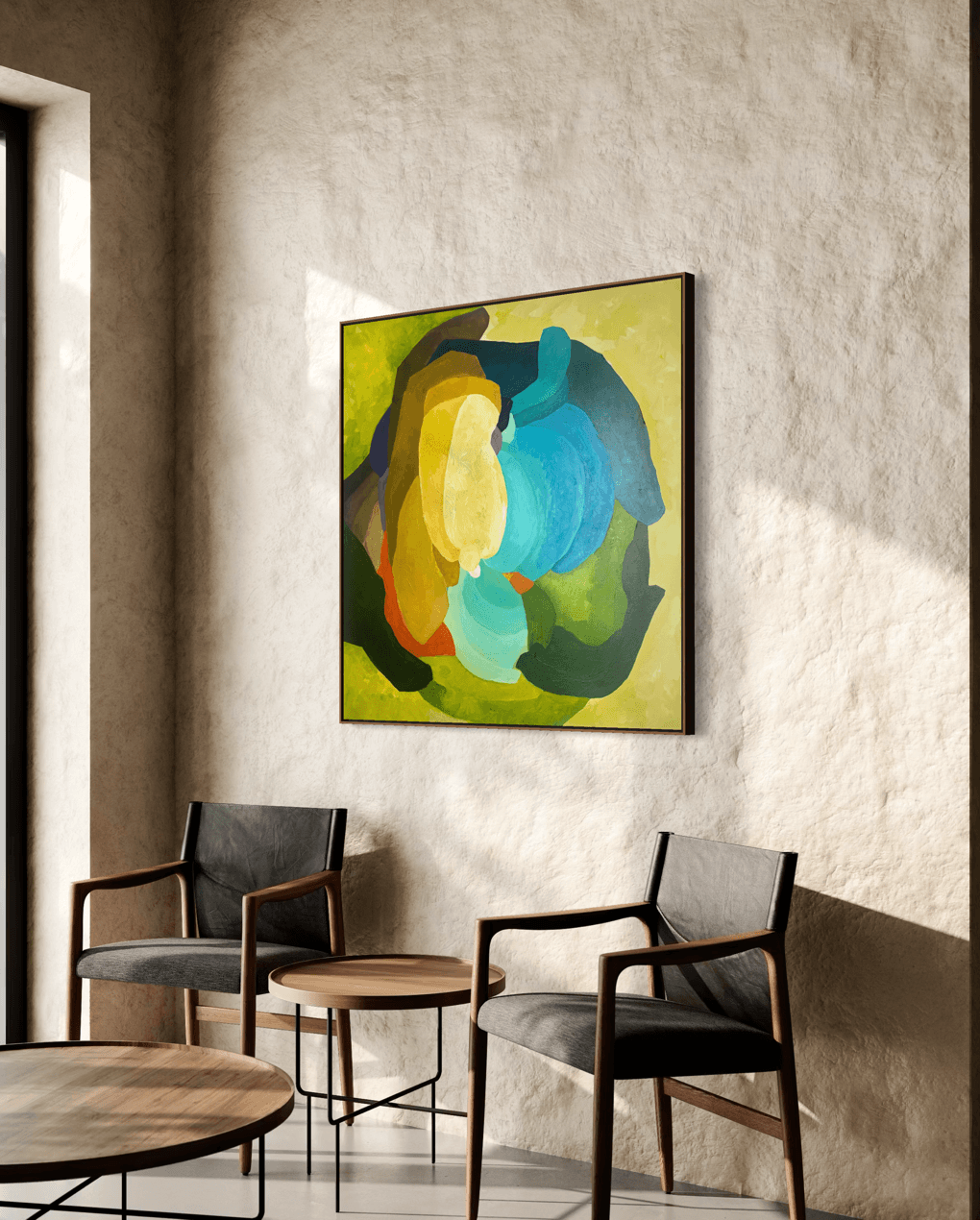 Centered Blooming - original abstract artwork by Birgit Trofer, mounted on a concrete wall in a seating area.
