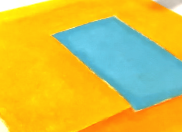 Original art by Birgit Trofer, focusing on contrasting color fields such as rich and vibrant turquoise and contrasting light and dark orange hues to symbolize a fruitful dialogue.