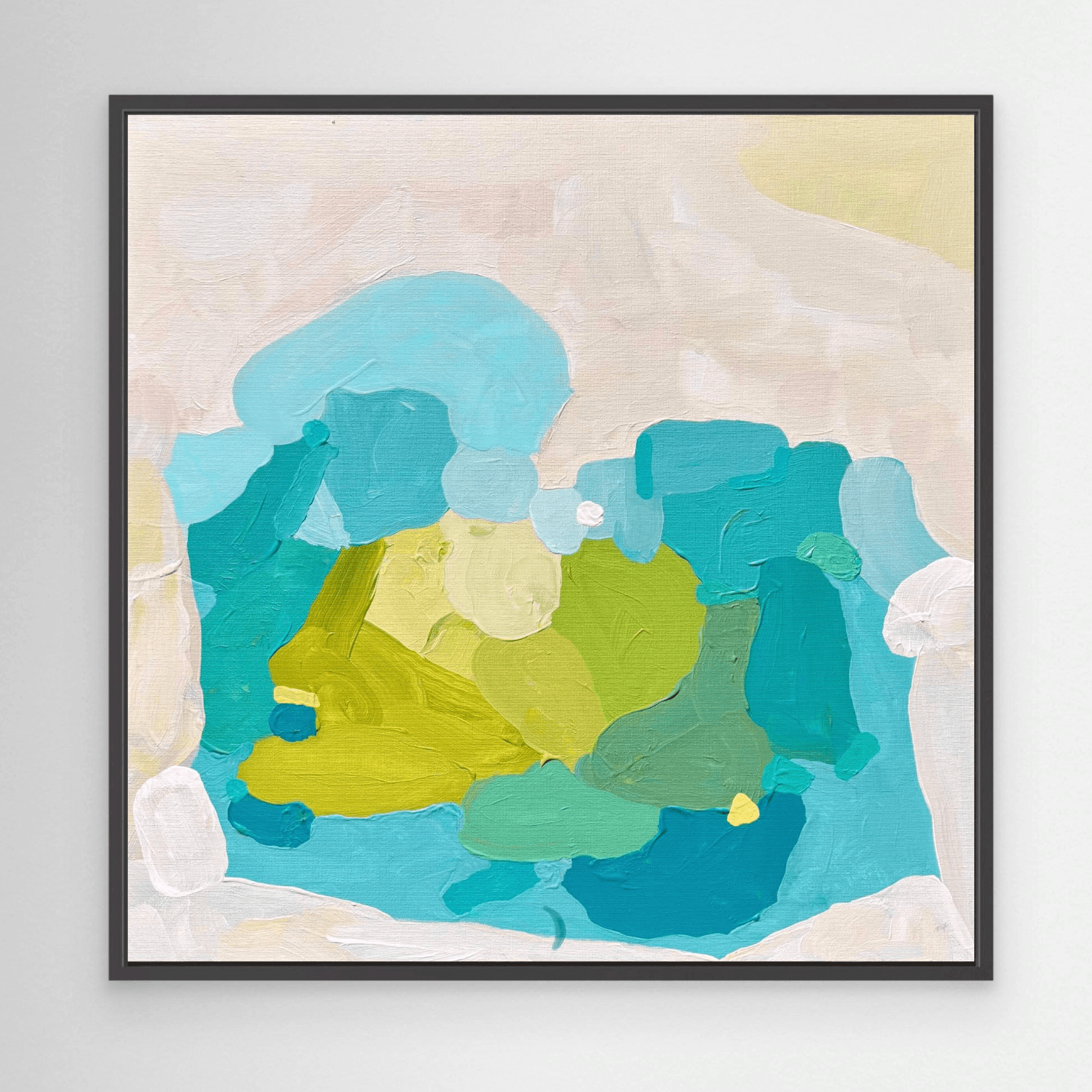 Abstract painting by Birgit Trofer in black floating frame, mounted on a grey wall, with vibrant colors like blue, aqua, turquoise and lime green and warm neutral colors.