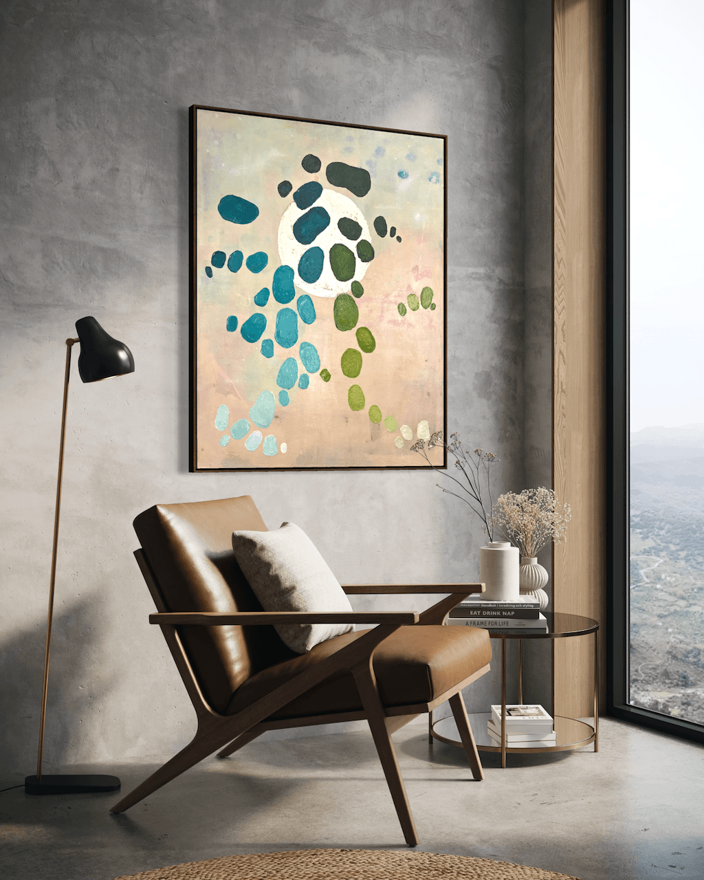 Artwork Dancing Palette - Scope of Choice by Birgit Trofer – Original contemporary acrylic painting on canvas exploring rhythmic gradations of light and balance, mounted in an contemporary reading zone of a hotel room with a magnificent view, above a