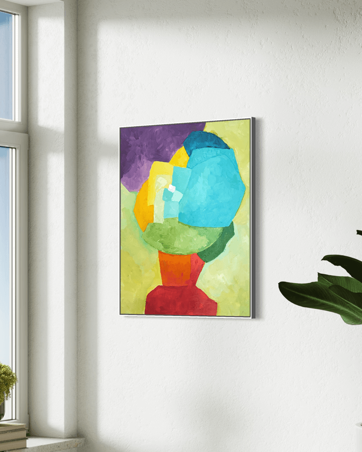 Original abstract painting Constructing Balance by Birgit Trofer. Contemporary fine art exploring dynamic harmony and form, mounted on a white wall beside a window.