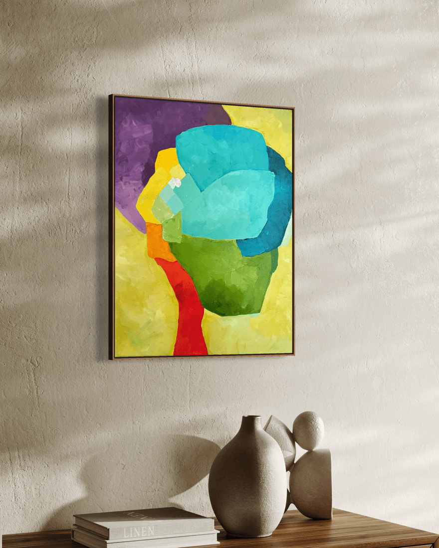 Powerful color field composition bringing serene strength and timeless elegance to modern interiors - Graceful Resilience, an abstract painting by Birgit Trofer, mounted on a beige wall above a shelf.