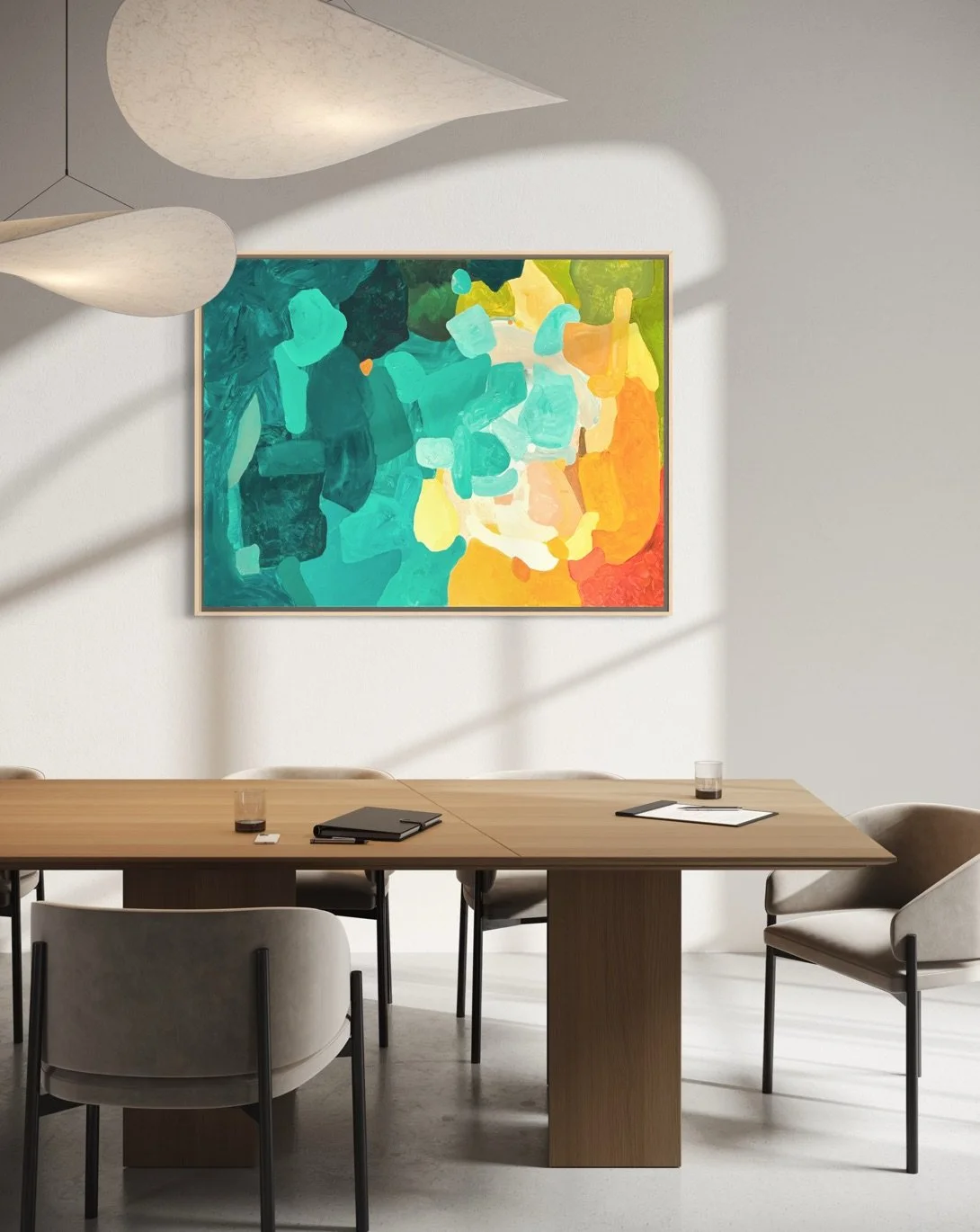 Contemporary dining room wall art Amber Perspective by Austrian artist Birgit Trofer, featuring a solid oak dining table and luxury velvet chairs.