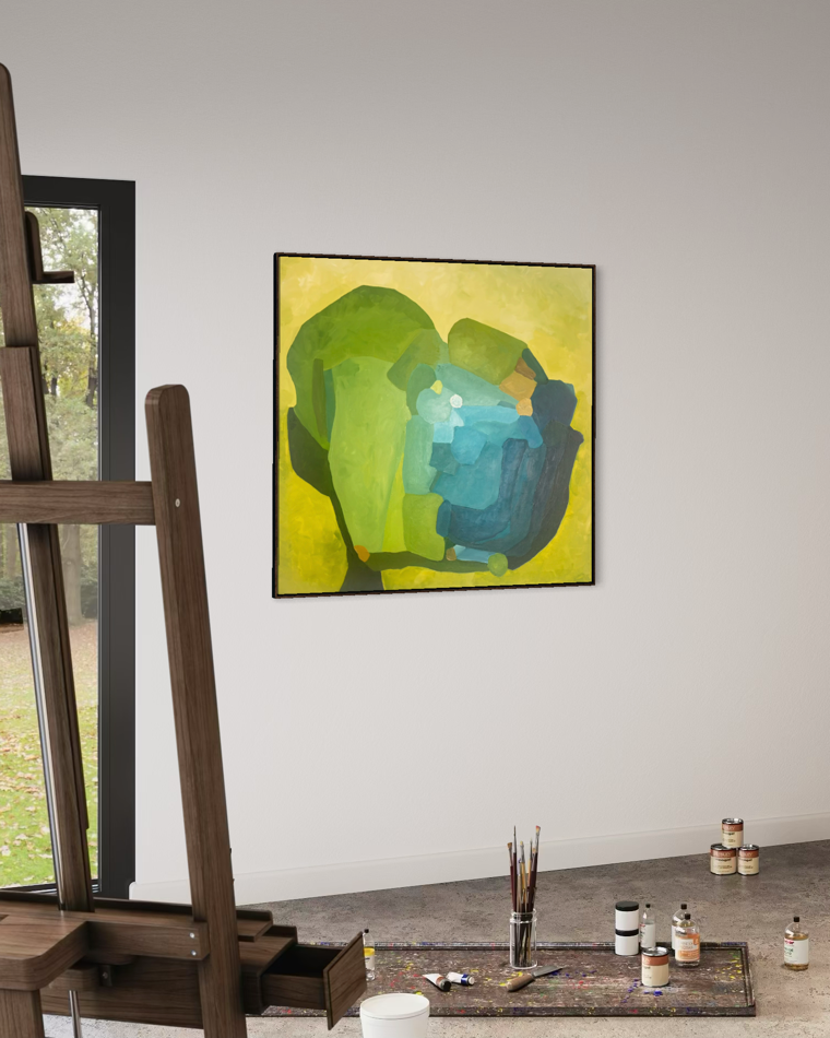 Aligned Perspectives, original abstract painting by Birgit Trofer, studio view, mounted on the studio wall, brushes on the floor.