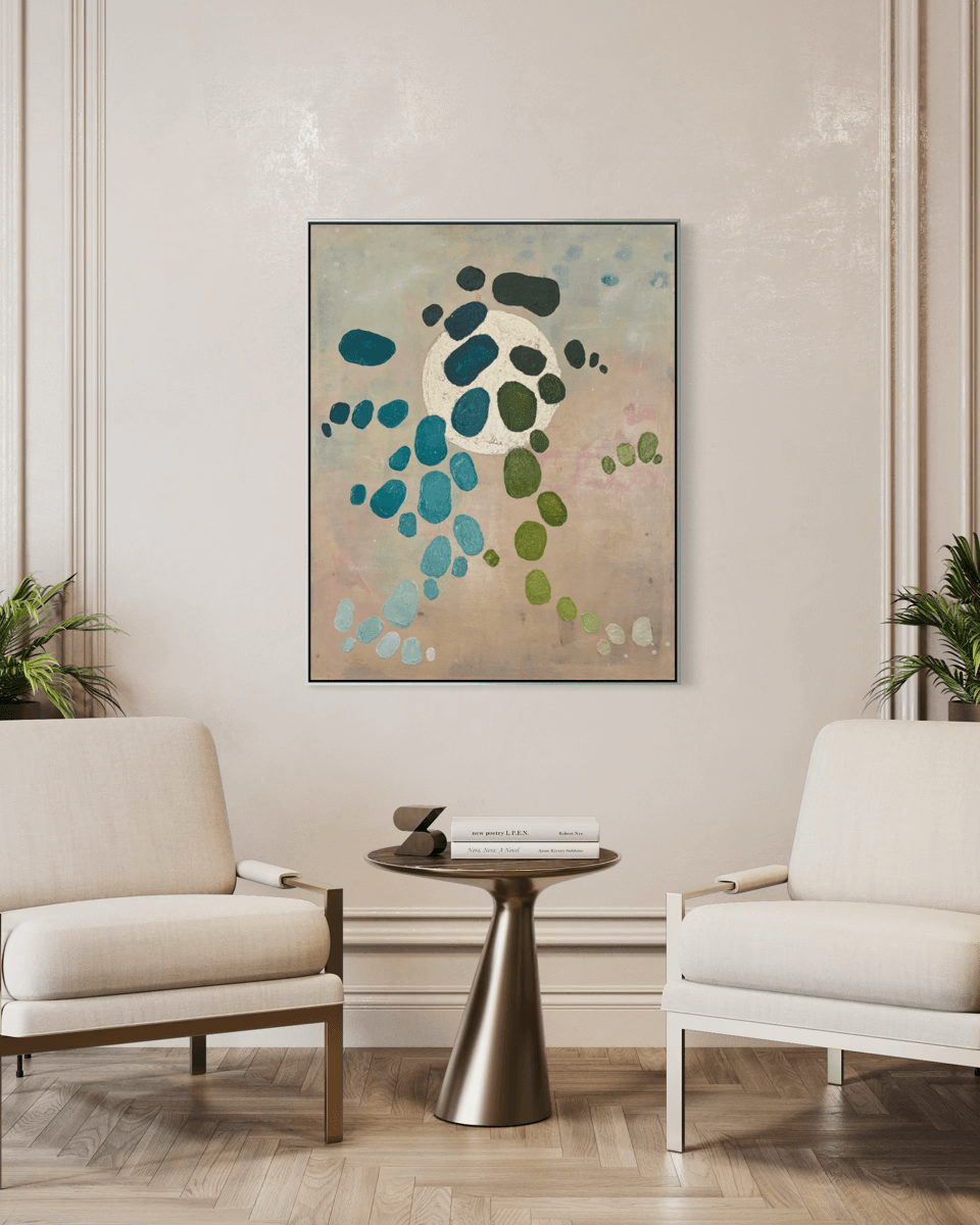 Originales abstraktes Kunstwerk von Birgit Trofer aus der Serie Dancing Palette, in einem eleganten Wartebereich umgeben von bequemen Lounge Moebeln.