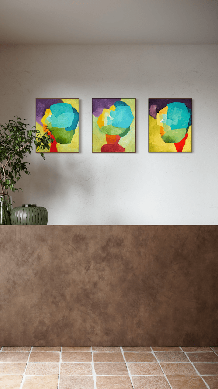 Three paintings by artist Birgit Trofer - Bold Allure, Graceful Resilience and Constructing Balance, in an elegant contemporary office entrance hall.