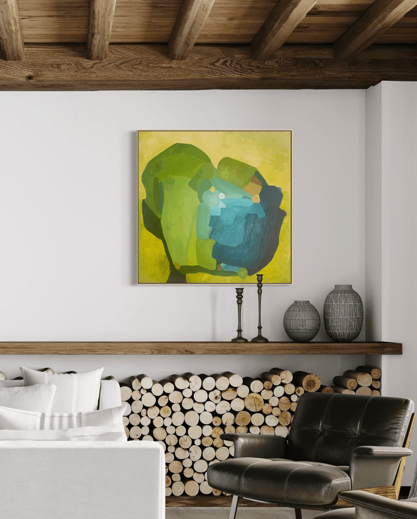 Aligned Perspectives, original abstract painting by Birgit Trofer, mounted in a rustic home in the living room, with fire wood below.