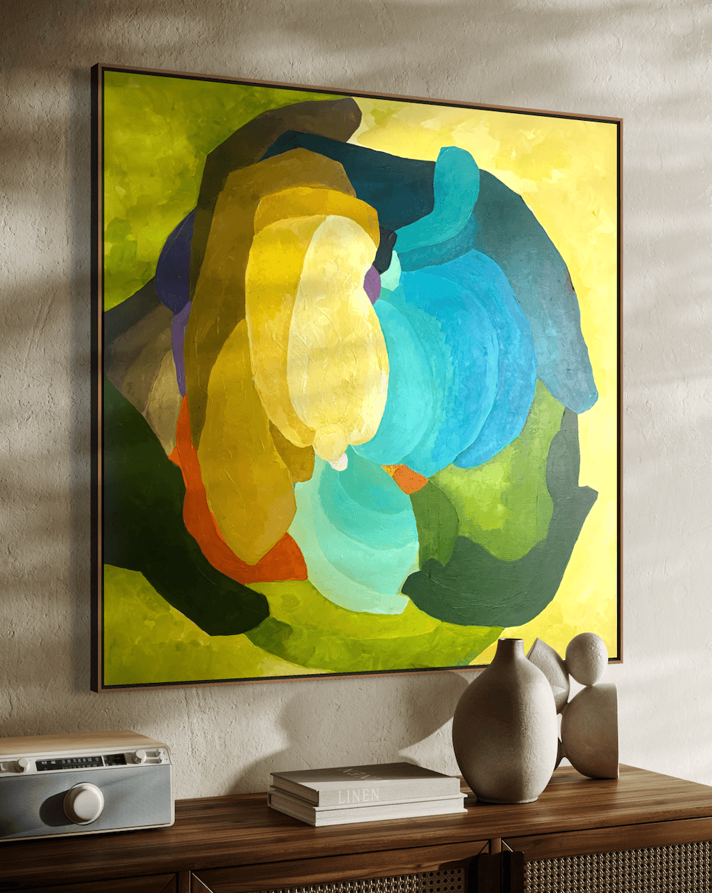 Centered Blooming - close-up of the original abstract artwork by Birgit Trofer, mounted on a light wall in a modern living room above a shelf.