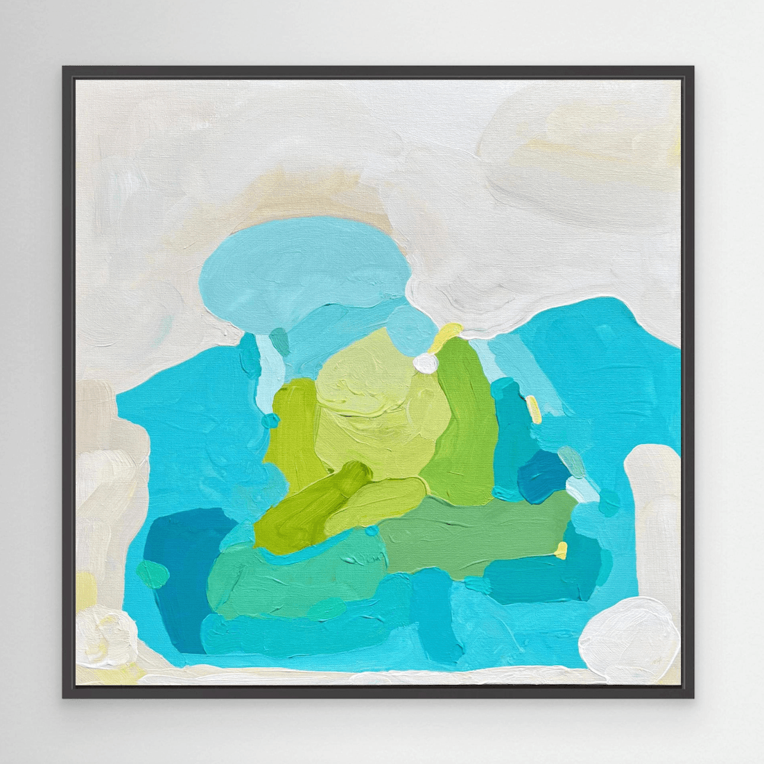 Fine art print auf Leinwand in schwarzem Holzrahmen von Birgit Trofer, an einer hellgrauen Wand.