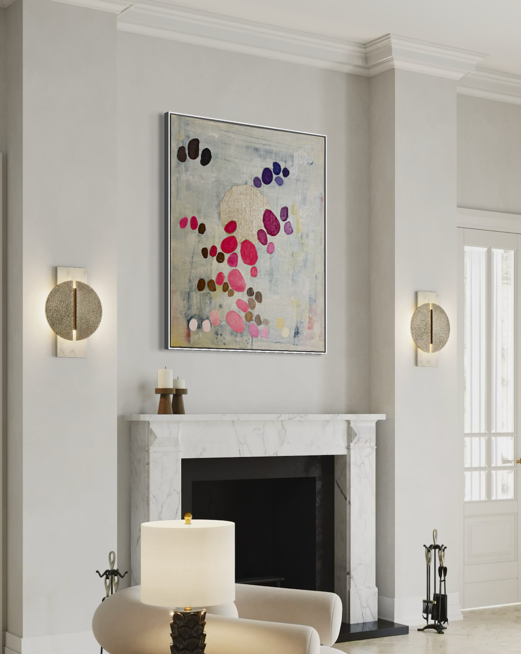 Graceful Dance from the series Dancing Palette by Austrian artist Birgit Trofer, above a fireplace in an elegant contemporary living room in a historical building.