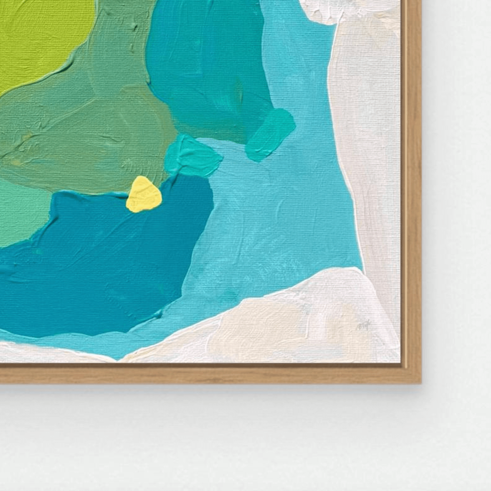 Detail and close-up of fine art print on canvas by Birgit Trofer with floating frame oak.