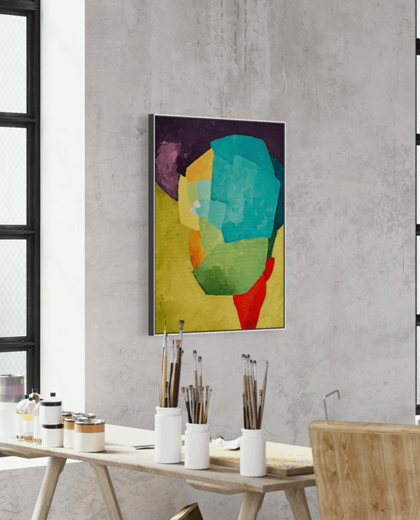 Bold Allure, a color field abstract artwork by Birgit Trofer, on the studio wall surrounded by brushes and painting utlities.