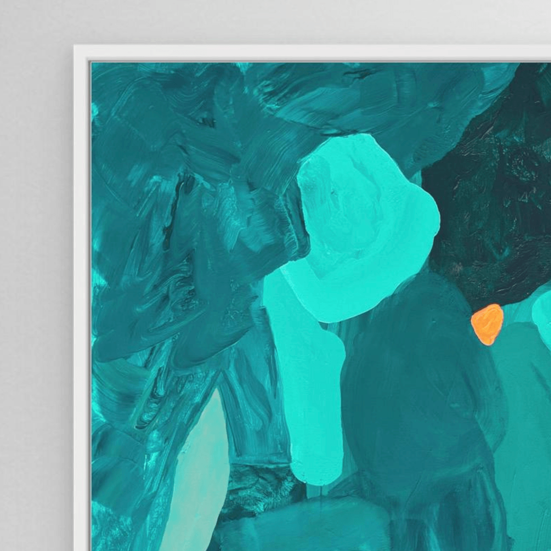Close-up detail of the abstract print Amber Perspective by Birgit Trofer, highlighting the flawless vibrant colors and the modern white floating frame.