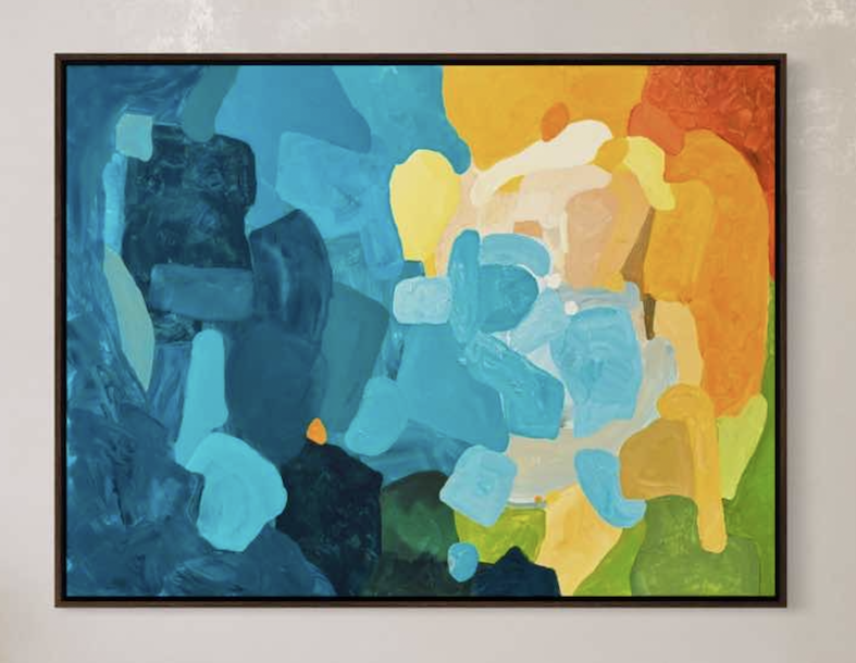 Zeitgenössisches Gemälde Sunset Flow von Birgit Trofer. Abstraktes Acrylbild zum Thema Muße und Tagesausklang, schwebend im handgefertigten Schattenfugenrahmen aus Holz.