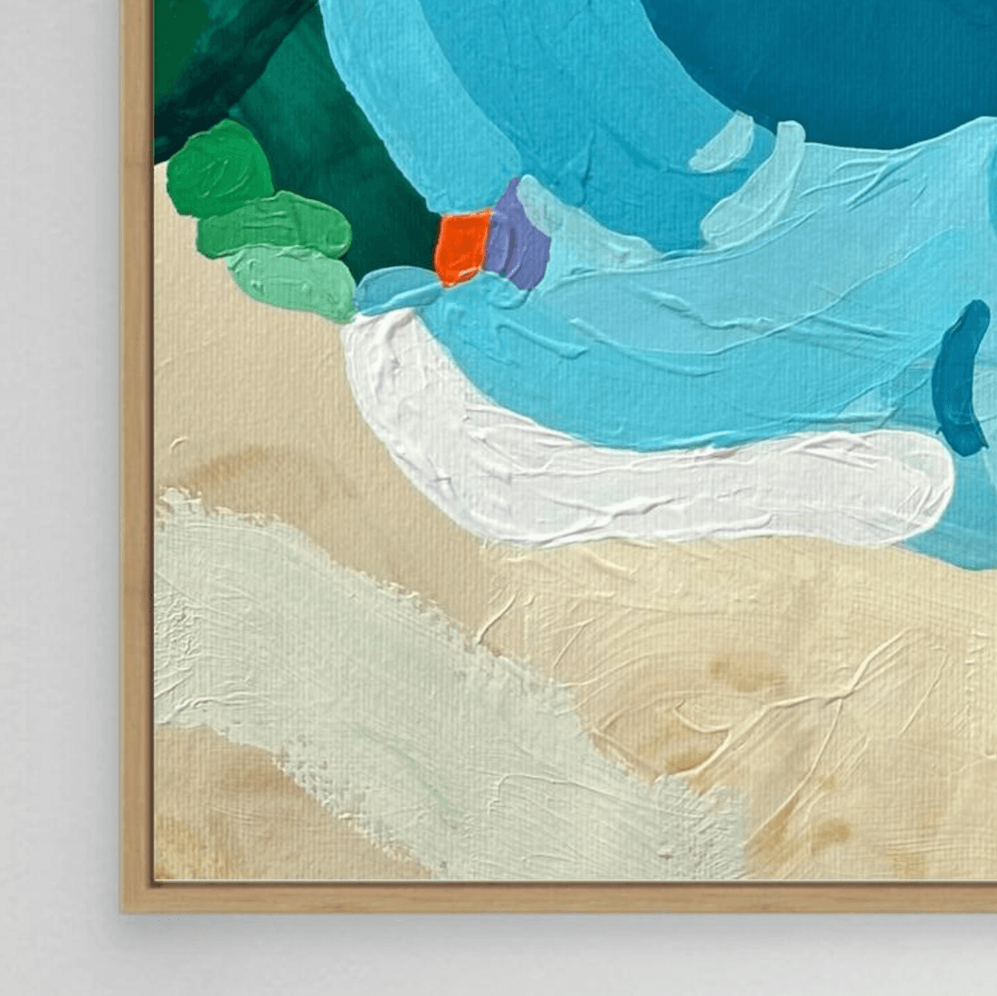 Macro view of fine art edition Tidal Shift by Austrian artist Birgit Trofer, showing the rich color layers and the elegant shadow gap of the natural oak frame.