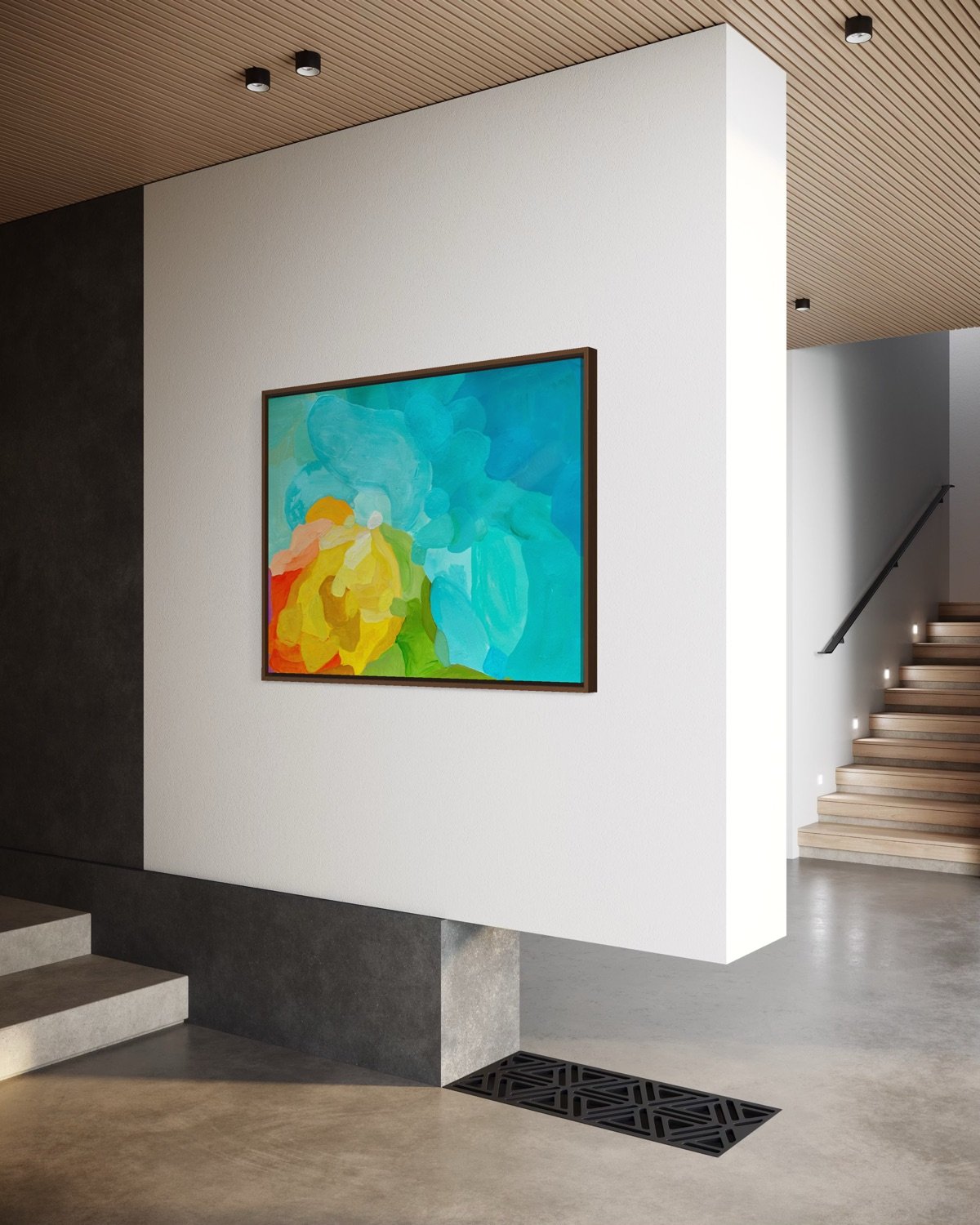 Minimalist abstract painting Shoreline Clarity by Birgit Trofer styled as an elegant visual anchor on a clean wall in a contemporary hallway.