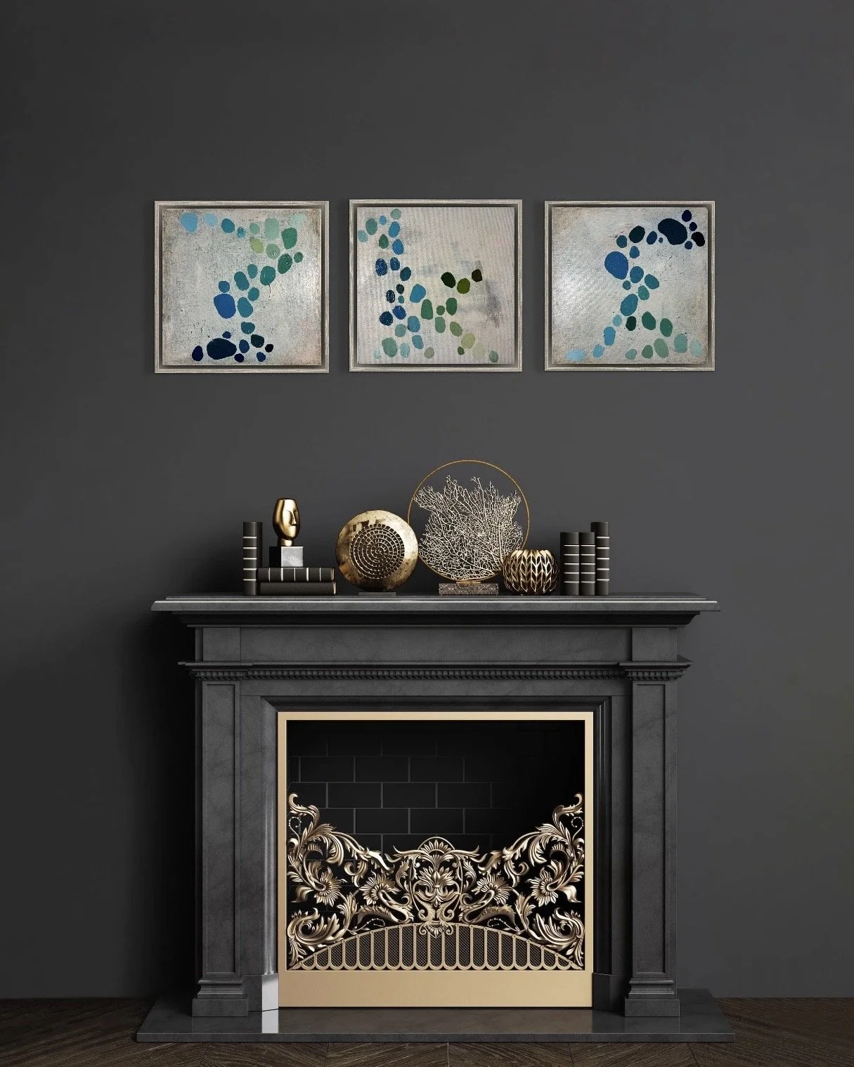 Three artworks from the series dancing palette by Austrian artist Birgit Trofer, hanging above a luxurious fire place beautifully decorated in a quiet luxury living room.