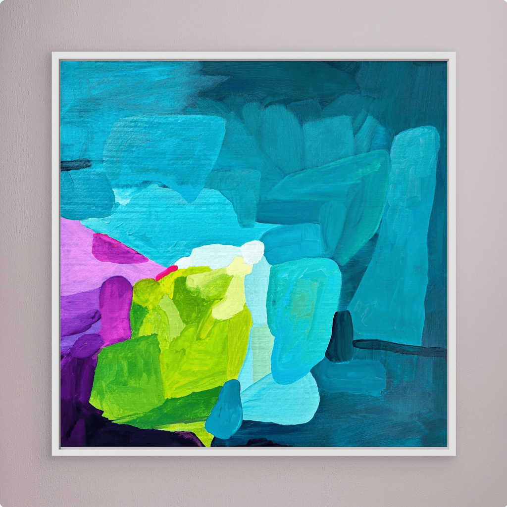 Contemporary abstract art print Deep Swell by Birgit Trofer, framed in a minimalist white wooden floating frame, showcasing vibrant turquoise, warm blue, and neon lime green colors, front view.