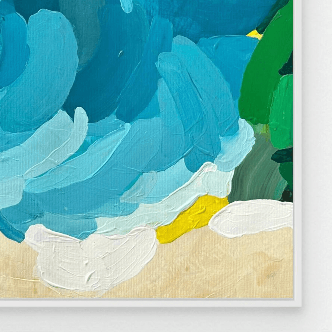Detailansicht des Fine Art Prints Tidal Shift von Birgit Trofer. Fokus auf die faszinierende Farbtiefe und den präzisen Übergang zum weißen Schattenfugenrahmen.