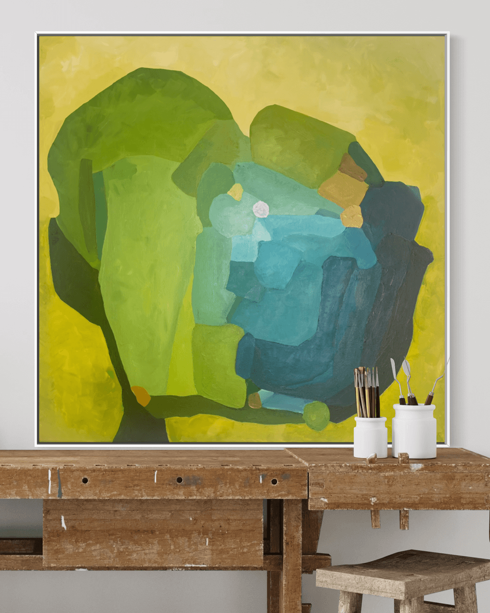 Aligned Perspectives, original abstract painting by Birgit Trofer, studio view with brushes on a wooden table.