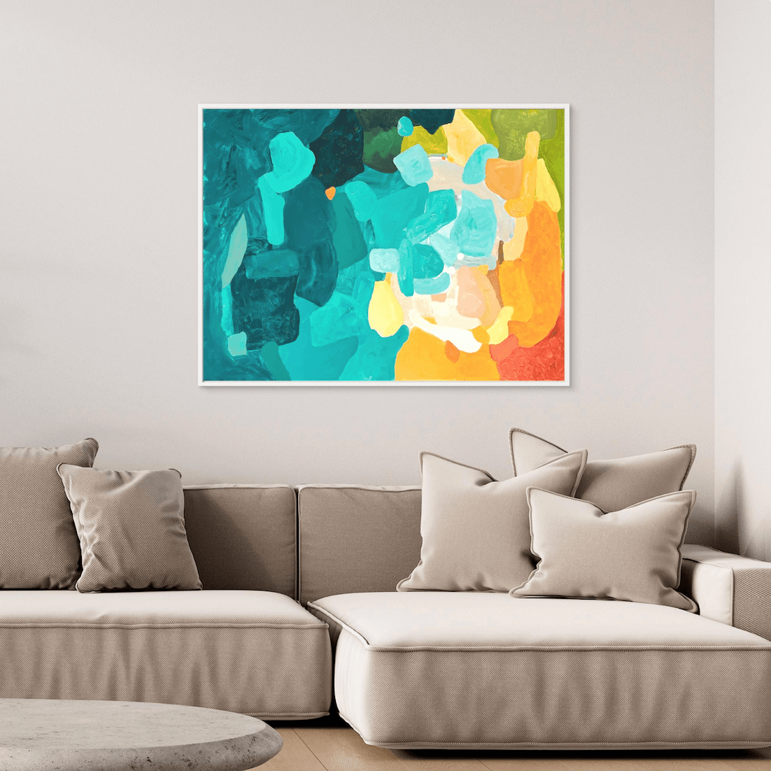 Exclusive abstract painting Amber Perspective by Birgit Trofer in a white floating frame, styled in a cozy, neutral-toned living room interior.