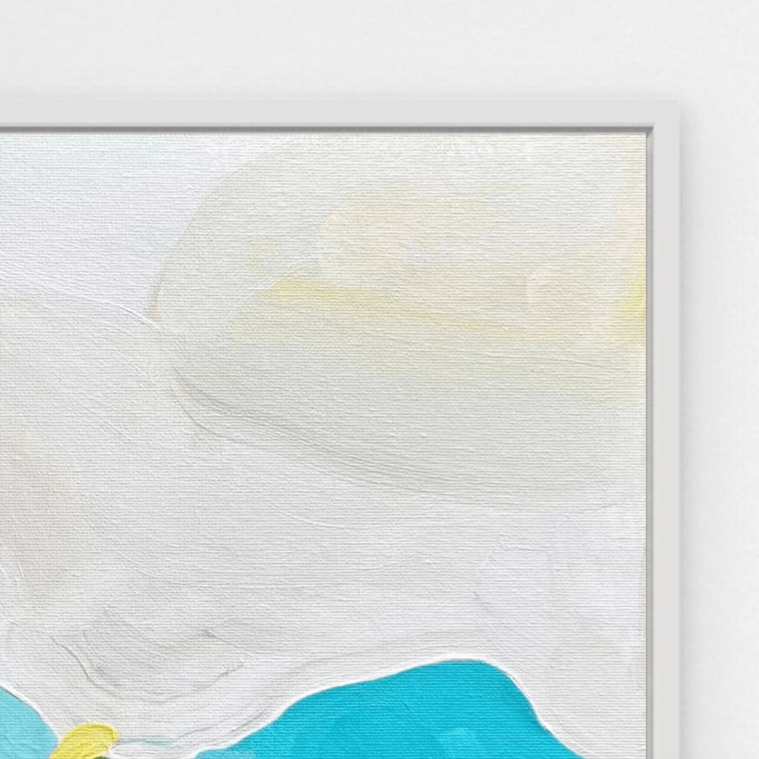 Detail of fine art print on canvas of coastal artwork by Birgit Trofer in white floating frame.
