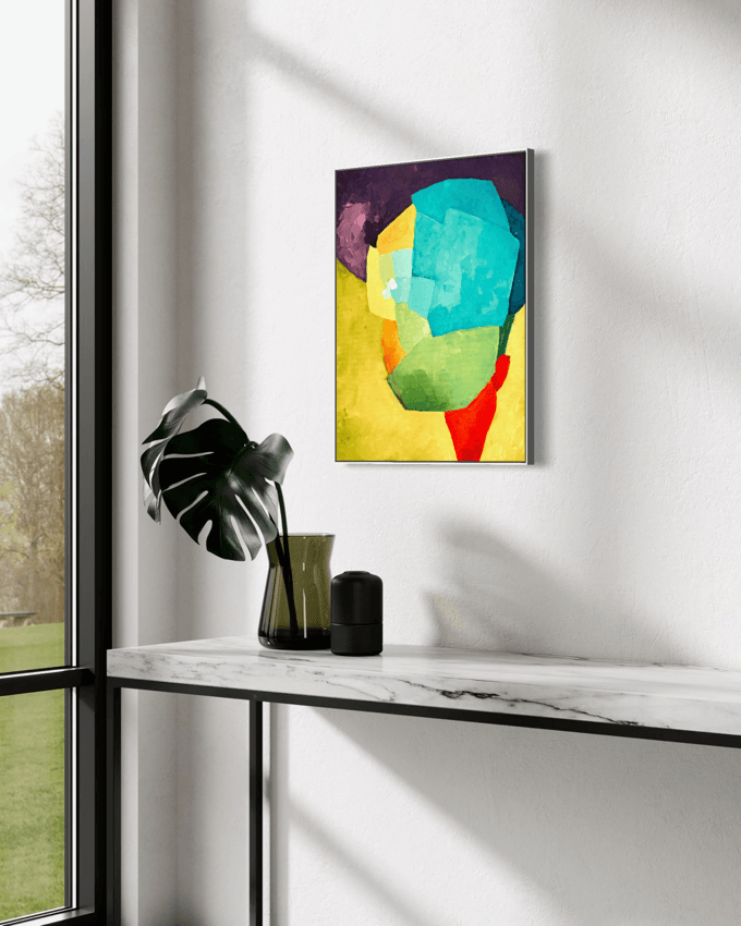Bold Allure, a color field abstract artwork by Birgit Trofer, mounted on a light entrance hallway above a shelf.