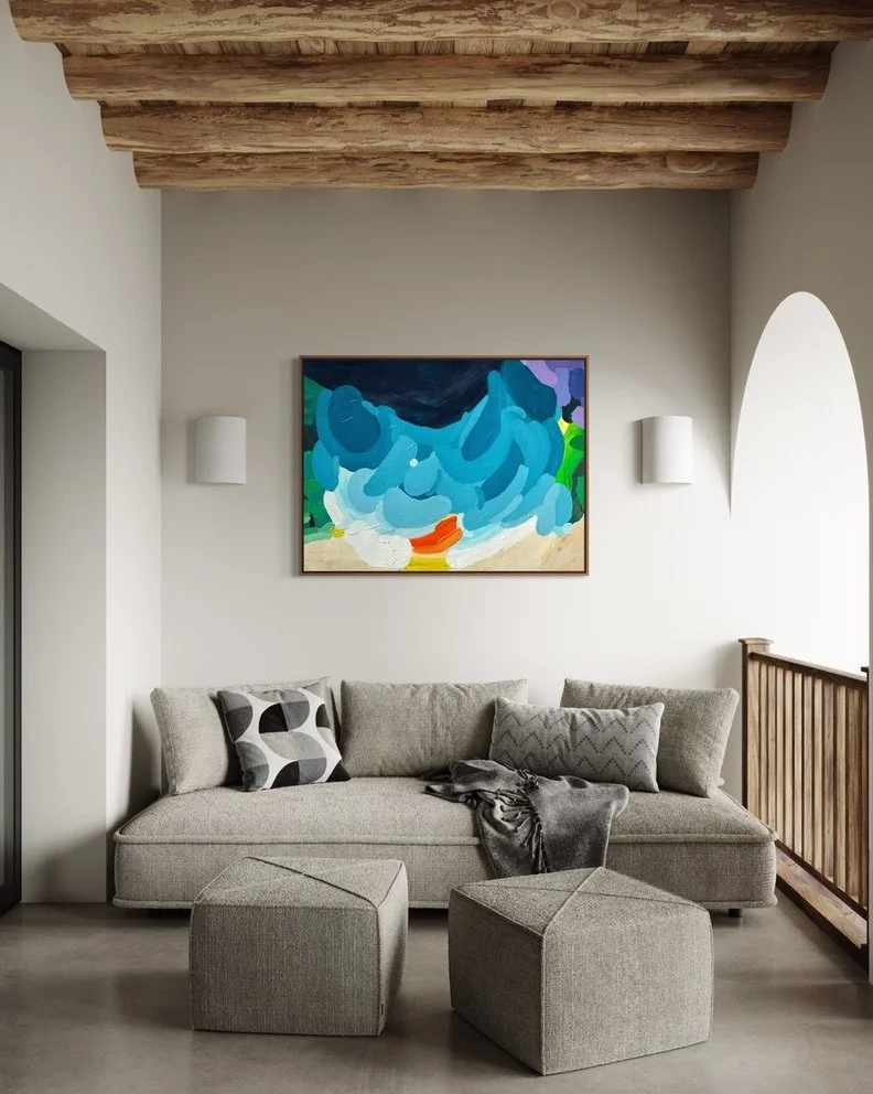 Exclusive fine art print Luminous Tide by Birgit Trofer, captured as a stunning visual centerpiece on a covered luxury Mediterranean terrace with outdoor lounge sofa.