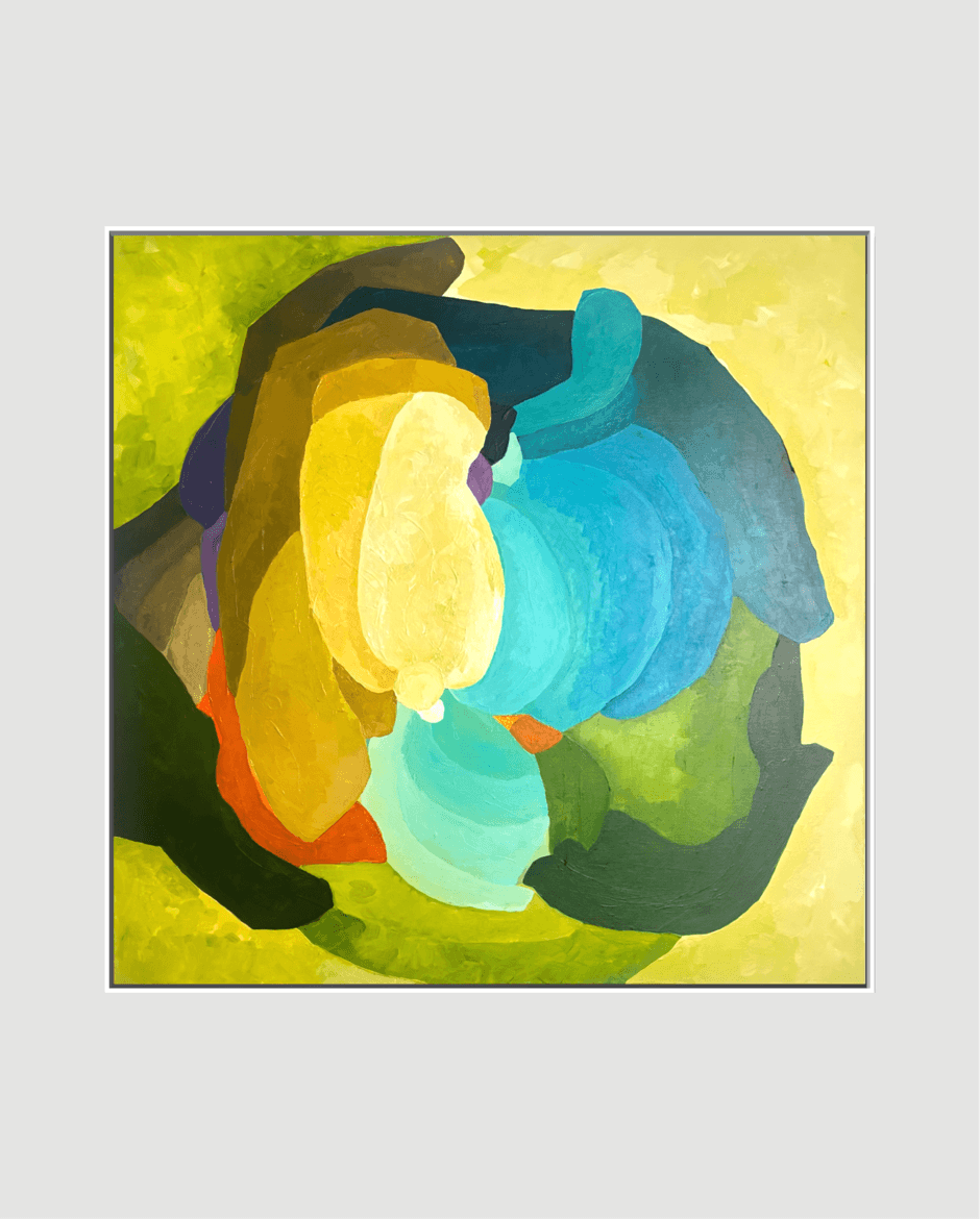 Centered Blooming - A powerful homage to the unstoppable, focused momentum of awakening and personal unfolding. Like a protective, architectural blossom, layers of deep oceanic blue, vibrant green, and a sophisticated facet of rich violet embrace the