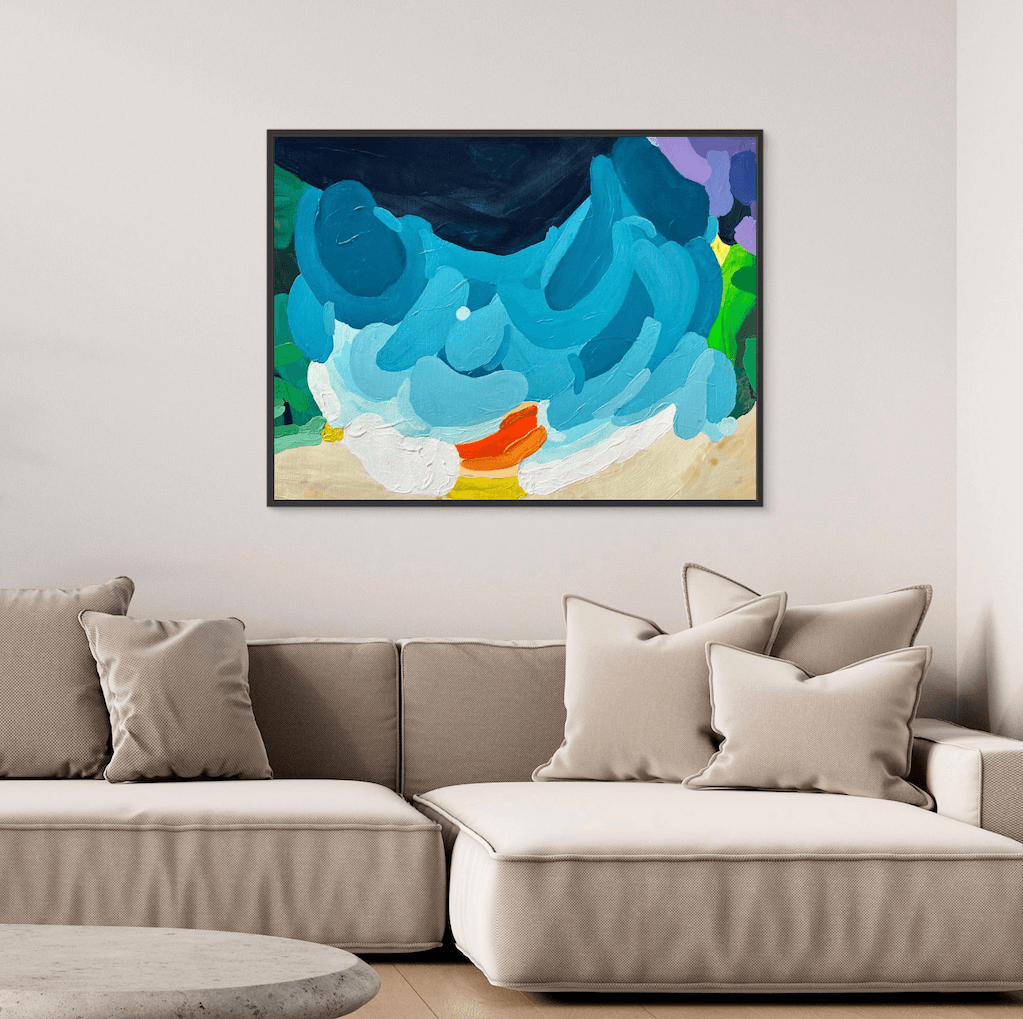 Quiet luxury home decor featuring the modern art print Luminous Tide by Birgit Trofer in a black frame, beautifully placed in a bright, relaxing living space.