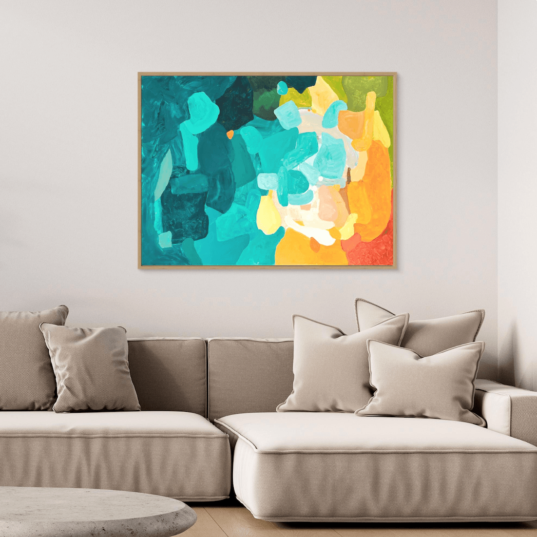 Upscale quiet luxury living room decor featuring the colorful art print Amber Perspective by Birgit Trofer in a natural oak wood frame.