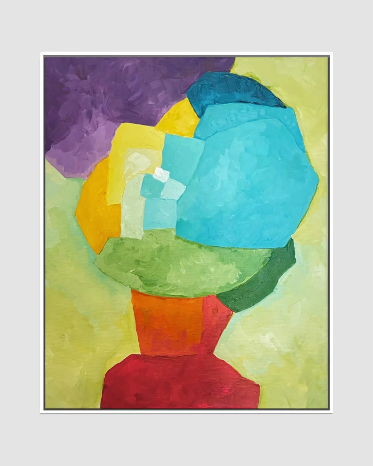Original fine art piece Constructing Balance by Birgit Trofer. A visual exploration of active focus and color tension on canvas, in a white floating frame.